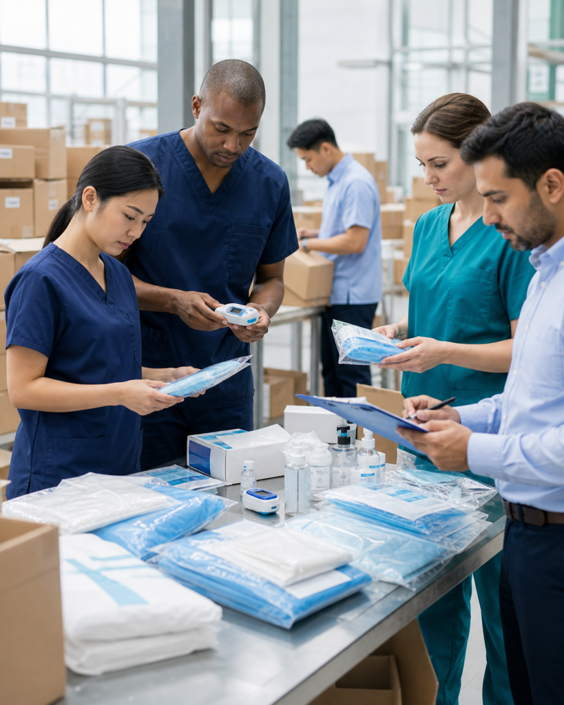 International medical supply and OEM team inspecting healthcare products for global shipment